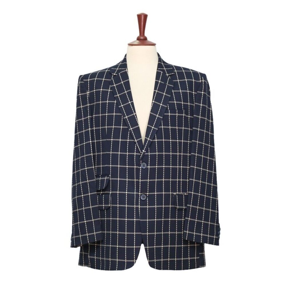 Mens Blazer Navy Blue White Check 100% Wool Formal Wedding Jacket Sport Coat 44R